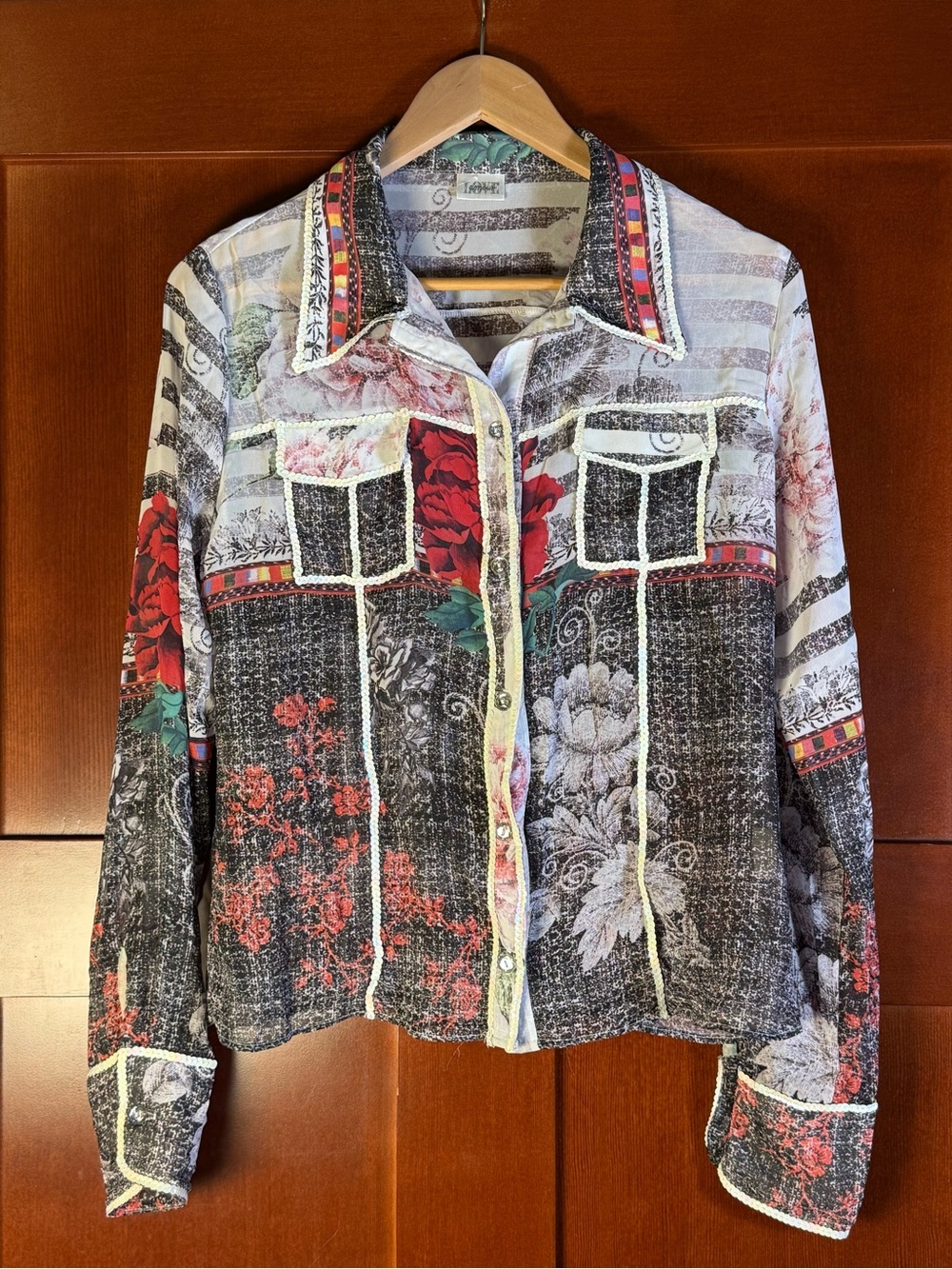 Y2K Love Amour Sheer Floral Print Sequin Trim Blouse Shirt Made USA
